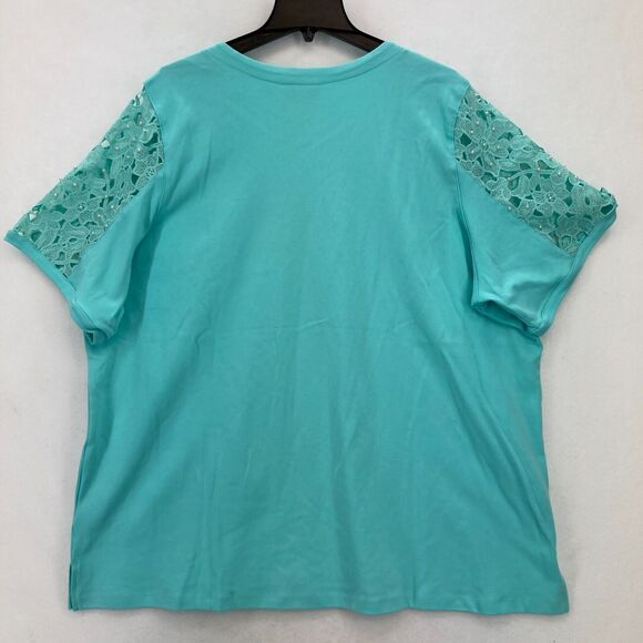 Quacker Factory Lace Sleeve Blouse Button Up V Neck Blue‎ Knit Boho Women's 3X - Picture 15 of 16